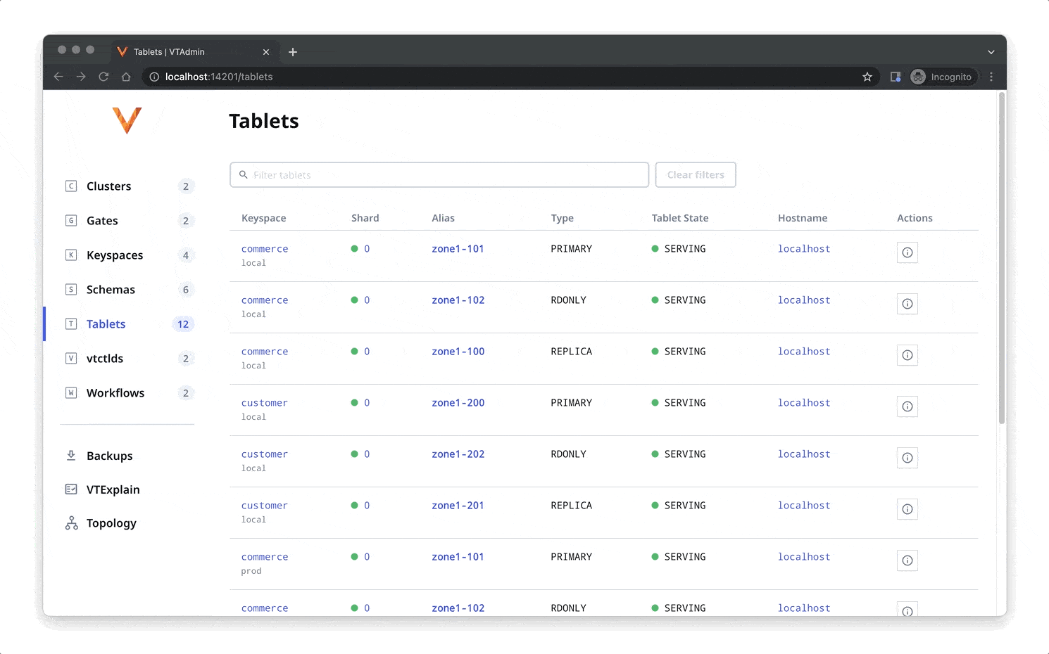 GIF of tablets features in VTAdmin Web